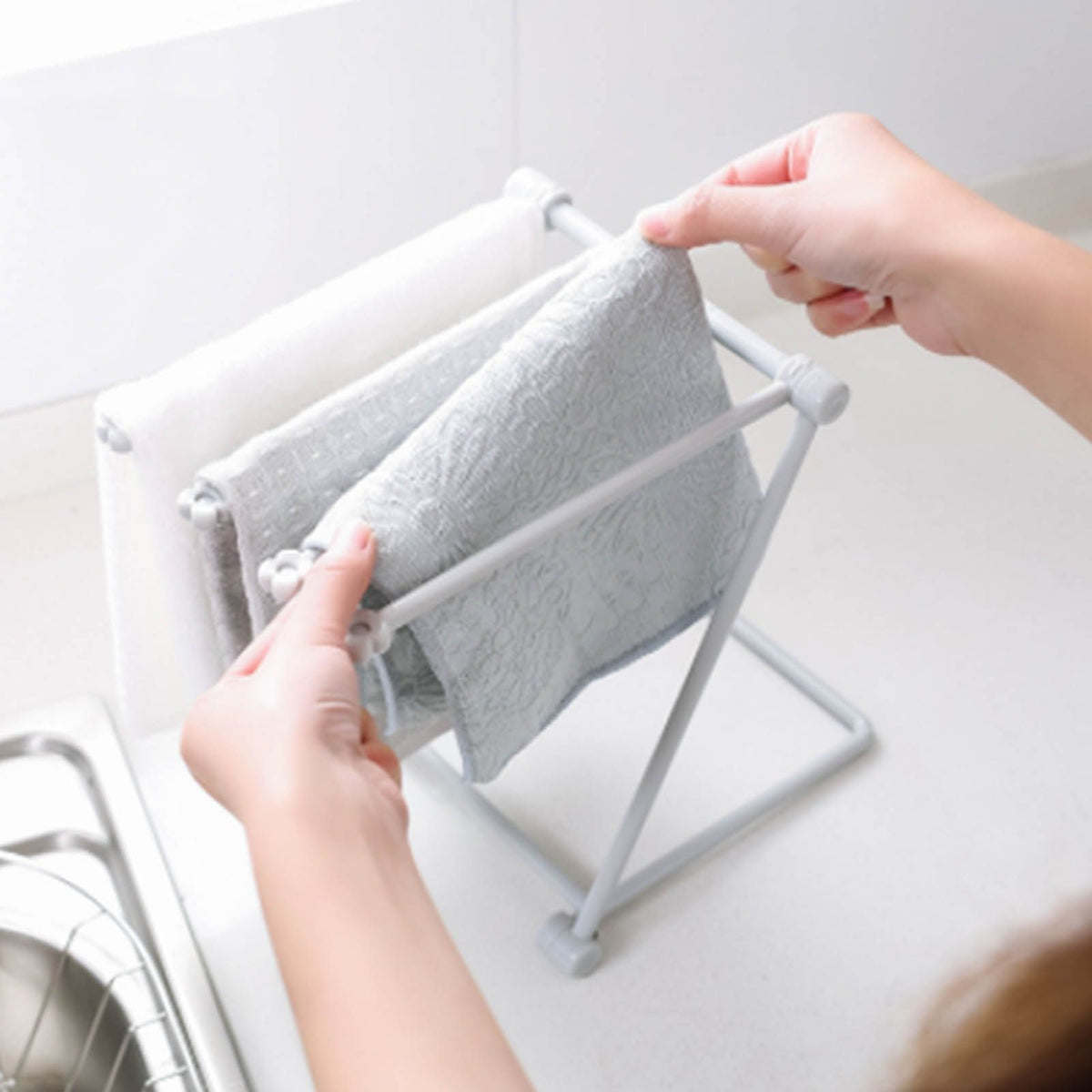 Countertop Dishcloth Drying Rack 4 Arms Folding Vertical Hand Towel Stand Dish Rag Storage Holder for Kitchen Light Gray