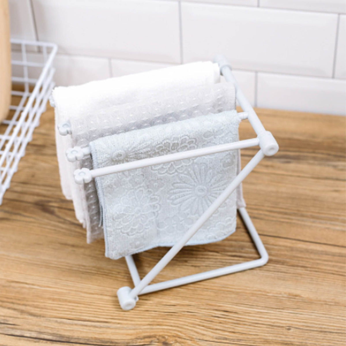 Countertop Dishcloth Drying Rack 4 Arms Folding Vertical Hand Towel Stand Dish Rag Storage Holder for Kitchen Light Gray