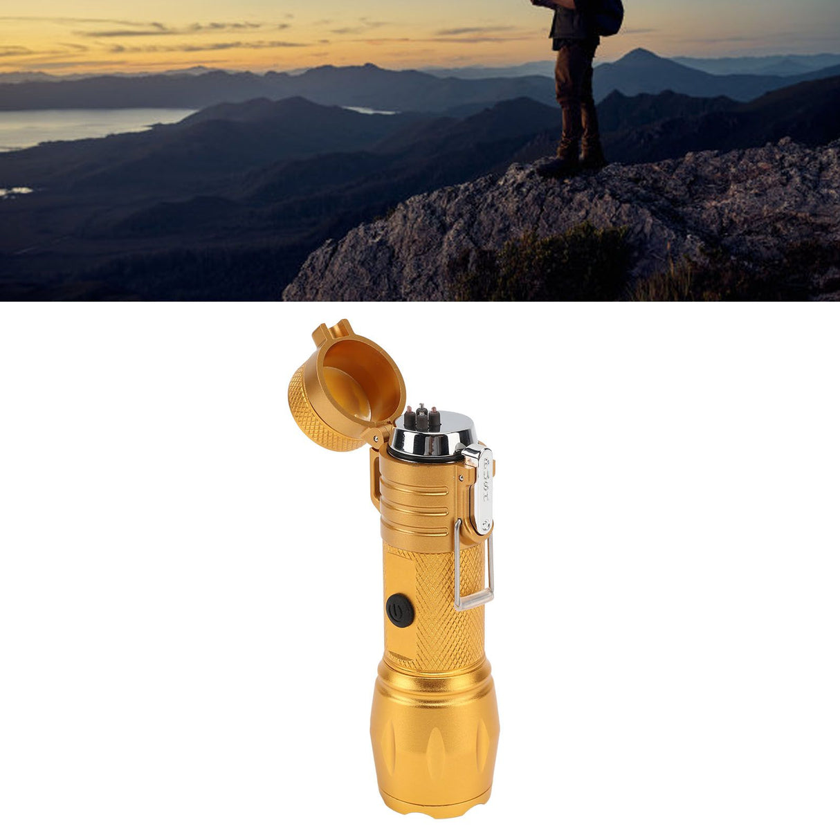 Electric Lighter Waterproof Windproof Aluminum Alloy Portable Lighter with Flashlight 3.7v Gold