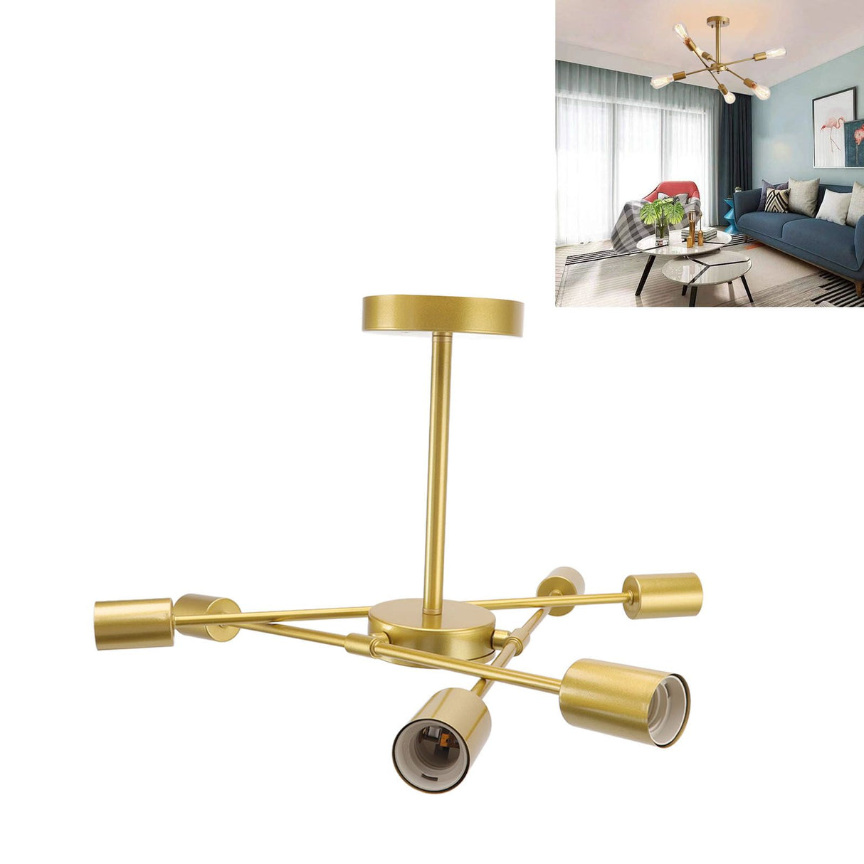 Retro Industrial 6 Light Semi Flush Mount Ceiling Light Fixture Modern Sputnik Chandelier for Art Restaurant Bar Bedroom110‑220V Golden