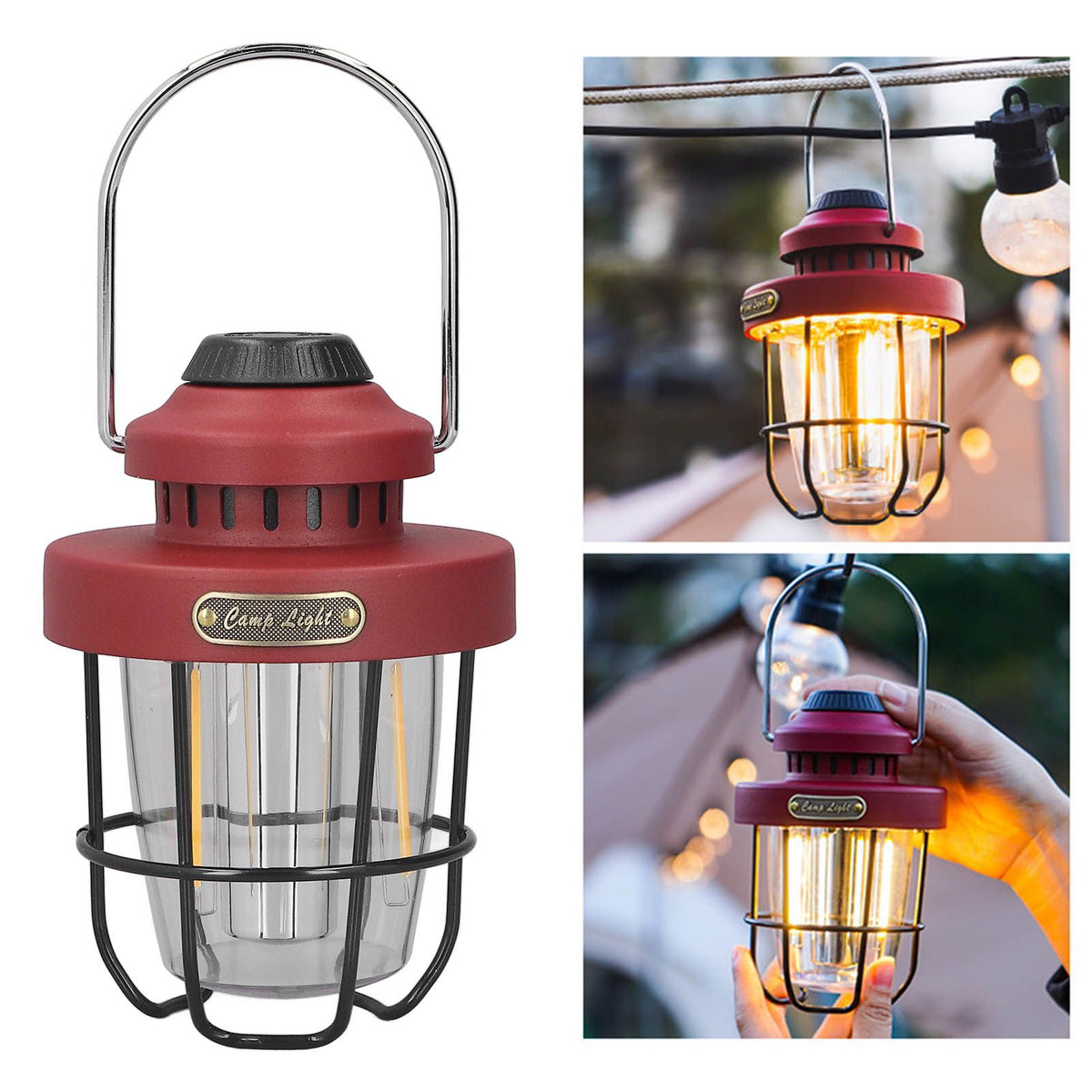 Camping Lantern Retro USB Charging 3 Light Modes IPX4 Waterproof Camping Lights for Outdoor Red