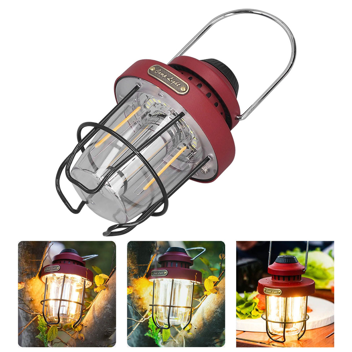 Camping Lantern Retro USB Charging 3 Light Modes IPX4 Waterproof Camping Lights for Outdoor Red