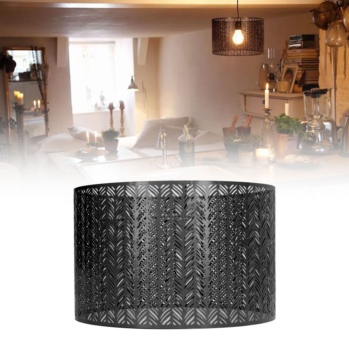 Drum Lamp Shade E27 E14 Clip Fir Leaf Shape Hollow Out Metal Decorative Lampshade Cover for Table Wall Ceiling Lamp Black