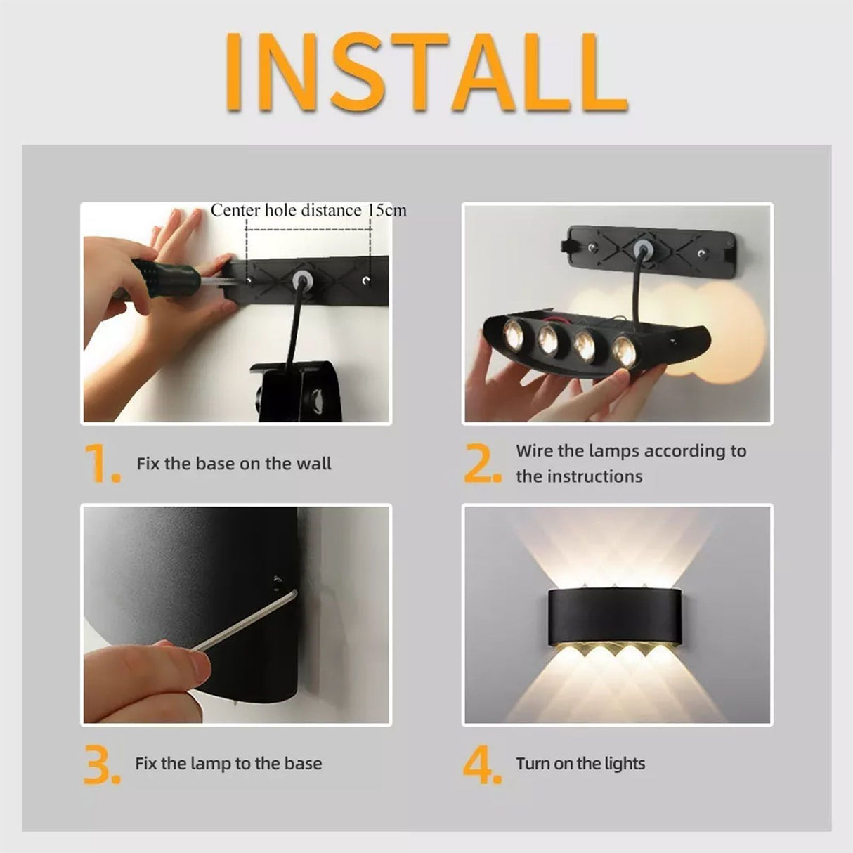 Up and Down Lights 8W 4000K Black Frame 8 Lamp Beads IP65 Waterproof LED Wall Lights for Bedroom Office Hotel