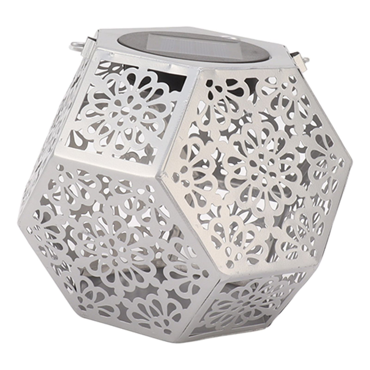 LED Solar Powered Lantern Light IP44 Waterproof Silver Polygon Decorative Solar Hanging Lantern Light for Outdoor Garden