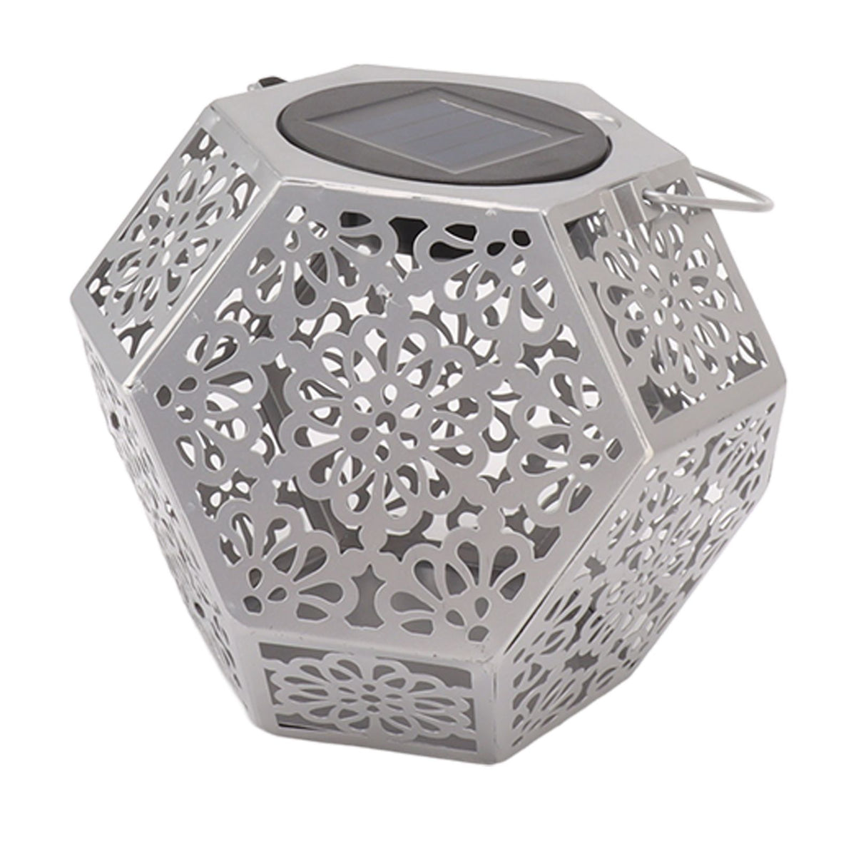 LED Solar Powered Lantern Light IP44 Waterproof Silver Polygon Decorative Solar Hanging Lantern Light for Outdoor Garden