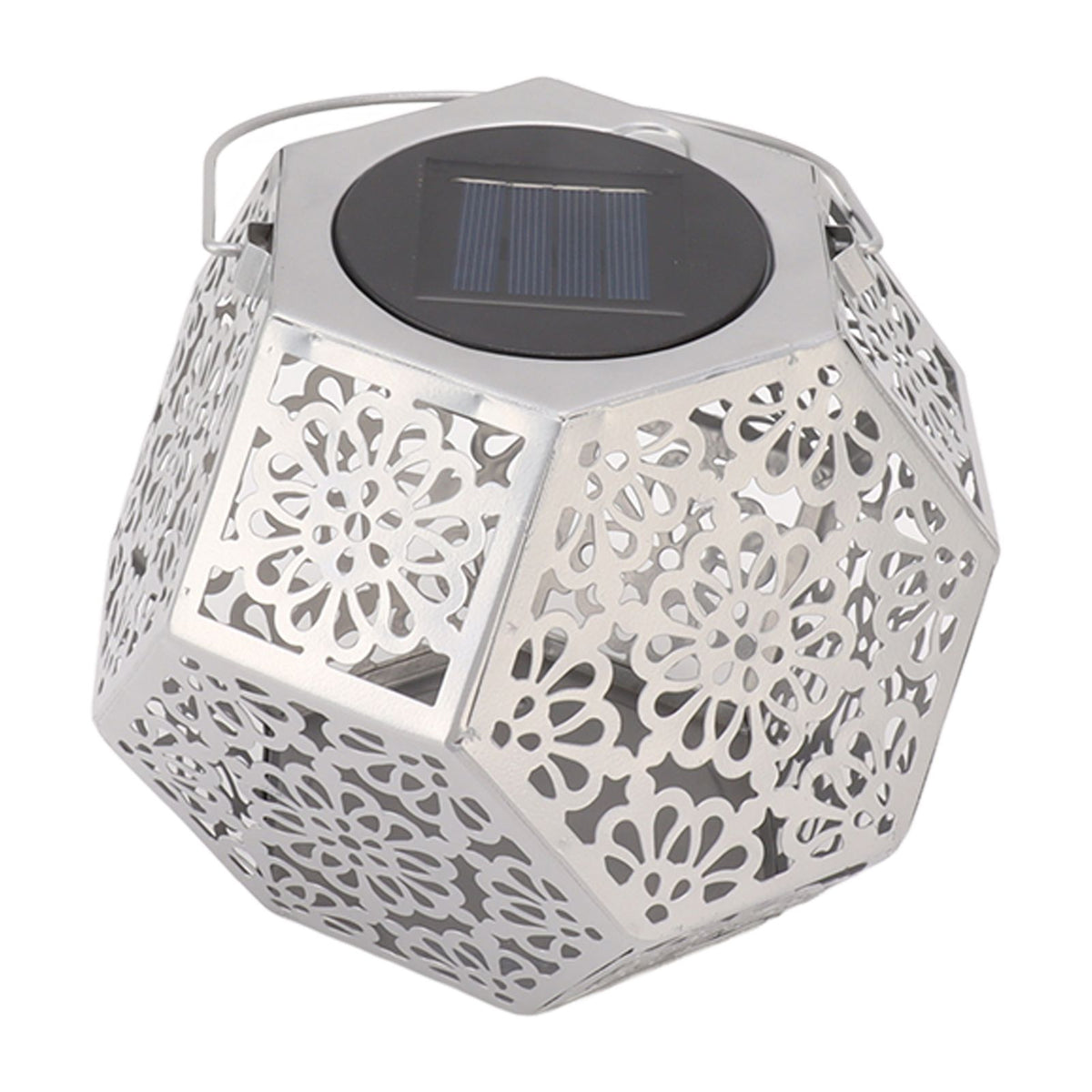 LED Solar Powered Lantern Light IP44 Waterproof Silver Polygon Decorative Solar Hanging Lantern Light for Outdoor Garden