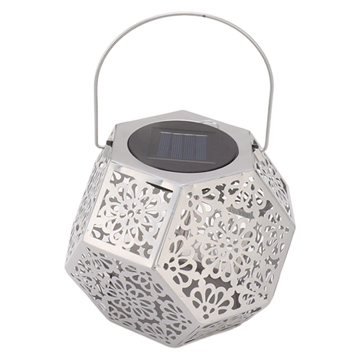LED Solar Powered Lantern Light IP44 Waterproof Silver Polygon Decorative Solar Hanging Lantern Light for Outdoor Garden