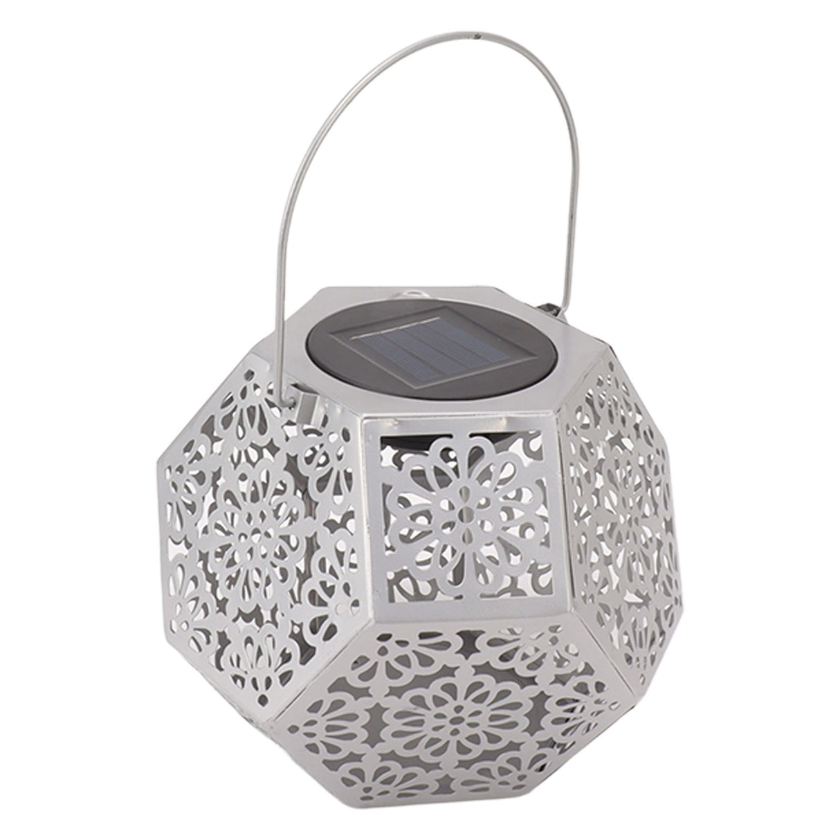 LED Solar Powered Lantern Light IP44 Waterproof Silver Polygon Decorative Solar Hanging Lantern Light for Outdoor Garden