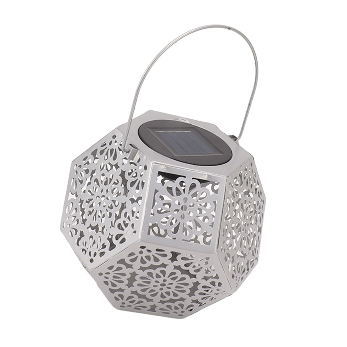 LED Solar Powered Lantern Light IP44 Waterproof Silver Polygon Decorative Solar Hanging Lantern Light for Outdoor Garden