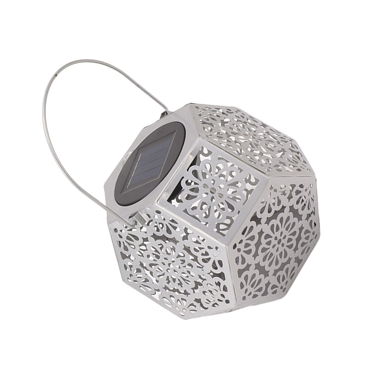 LED Solar Powered Lantern Light IP44 Waterproof Silver Polygon Decorative Solar Hanging Lantern Light for Outdoor Garden