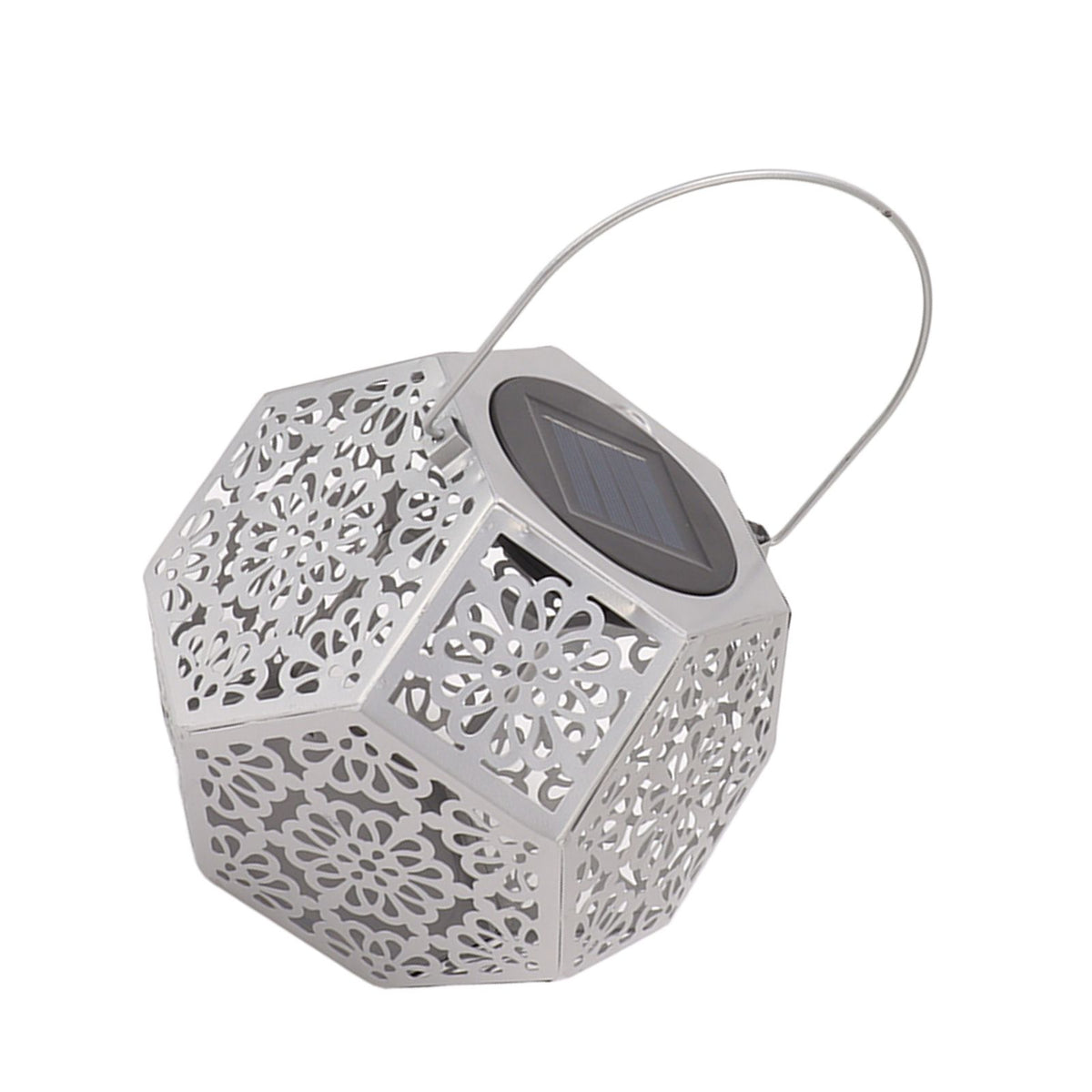 LED Solar Powered Lantern Light IP44 Waterproof Silver Polygon Decorative Solar Hanging Lantern Light for Outdoor Garden