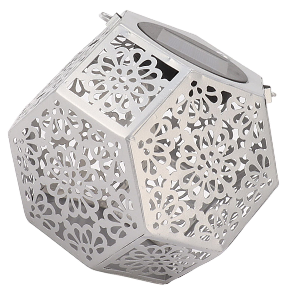 LED Solar Powered Lantern Light IP44 Waterproof Silver Polygon Decorative Solar Hanging Lantern Light for Outdoor Garden
