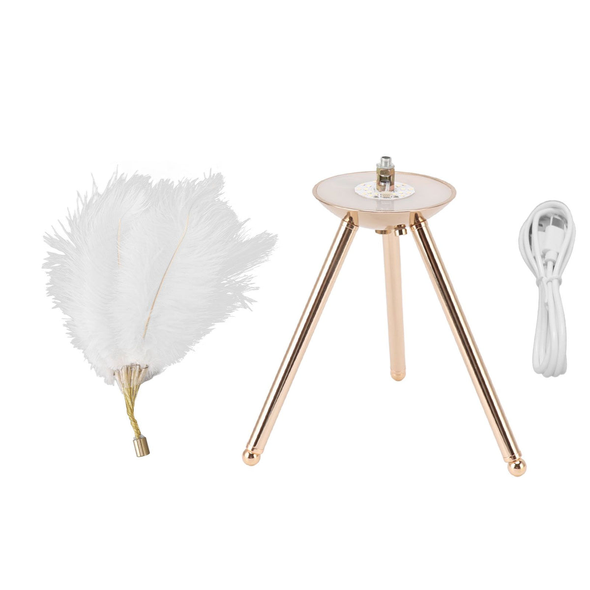 Feather Table Lamp USB Rechargeable Ostrich Feather Desk Light with Gold Tripod for Bedroom 40Pcs Artificial Feather White