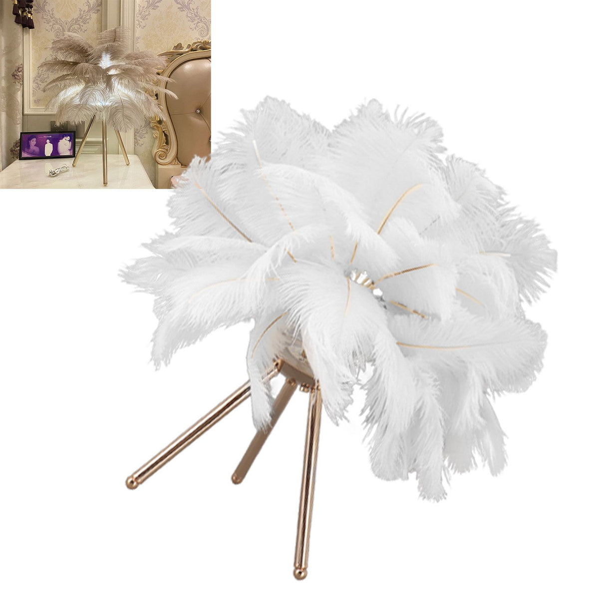Feather Table Lamp USB Rechargeable Ostrich Feather Desk Light with Gold Tripod for Bedroom 40Pcs Artificial Feather White