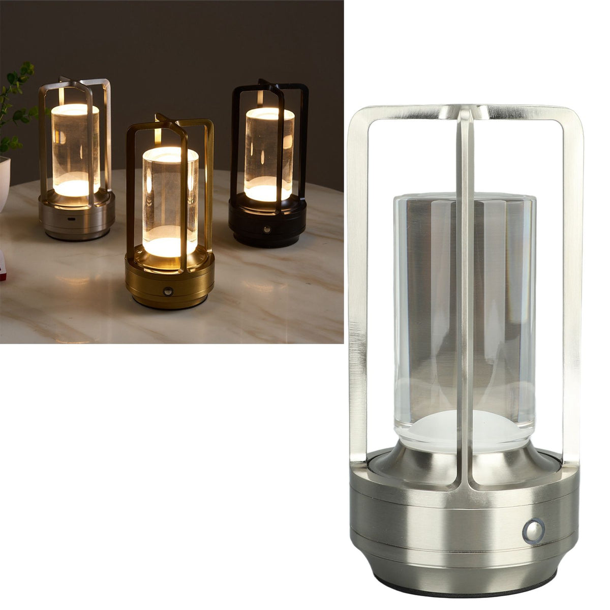 Cordless Table Lamp 3 Colors Stepless Dimming LED Table Lamp Rechargeable Touch Lamp Bedside Nightstand Lamp Silver