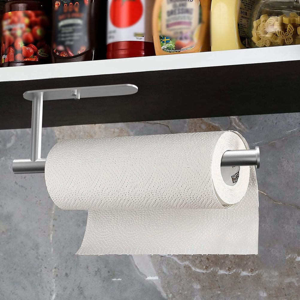 Paper Towel Holders Wall Mount Under Cabinet Self Adhesive Drilling Stainless Steel Paper Towel Rolls Holder for Kitchen Bathroom Rustproof Rack