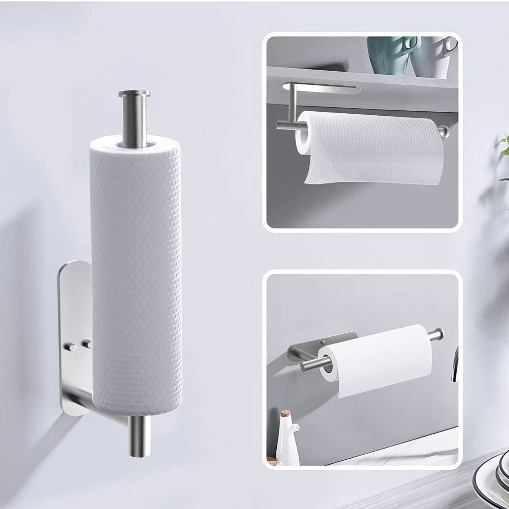 Paper Towel Holders Wall Mount Under Cabinet Self Adhesive Drilling Stainless Steel Paper Towel Rolls Holder for Kitchen Bathroom Rustproof Rack