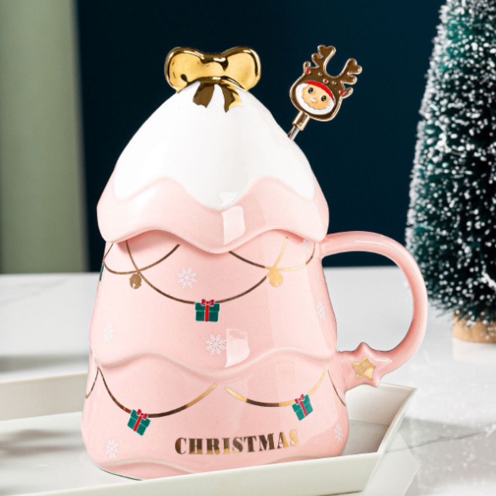 Christmas Mug Set with Cover and Spoon 500 ml Ceramic Mug for Mulled Wine Coffee Cocoa Christmas Mug Gift