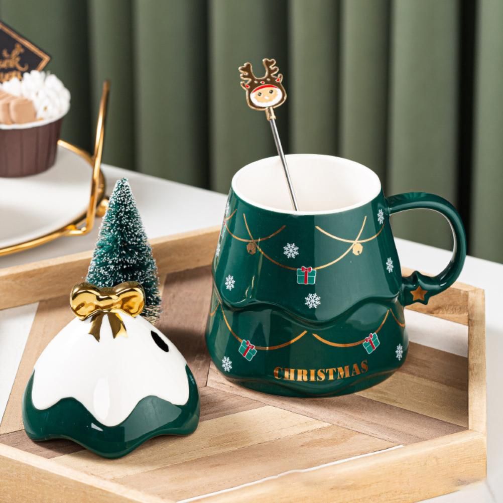 Christmas Mug Set with Cover and Spoon 500 ml Ceramic Mug for Mulled Wine Coffee Cocoa Christmas Mug Gift