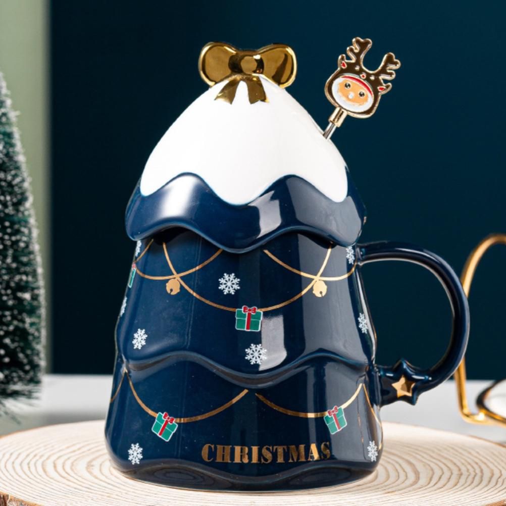 Christmas Mug Set with Cover and Spoon 500 ml Ceramic Mug for Mulled Wine Coffee Cocoa Christmas Mug Gift