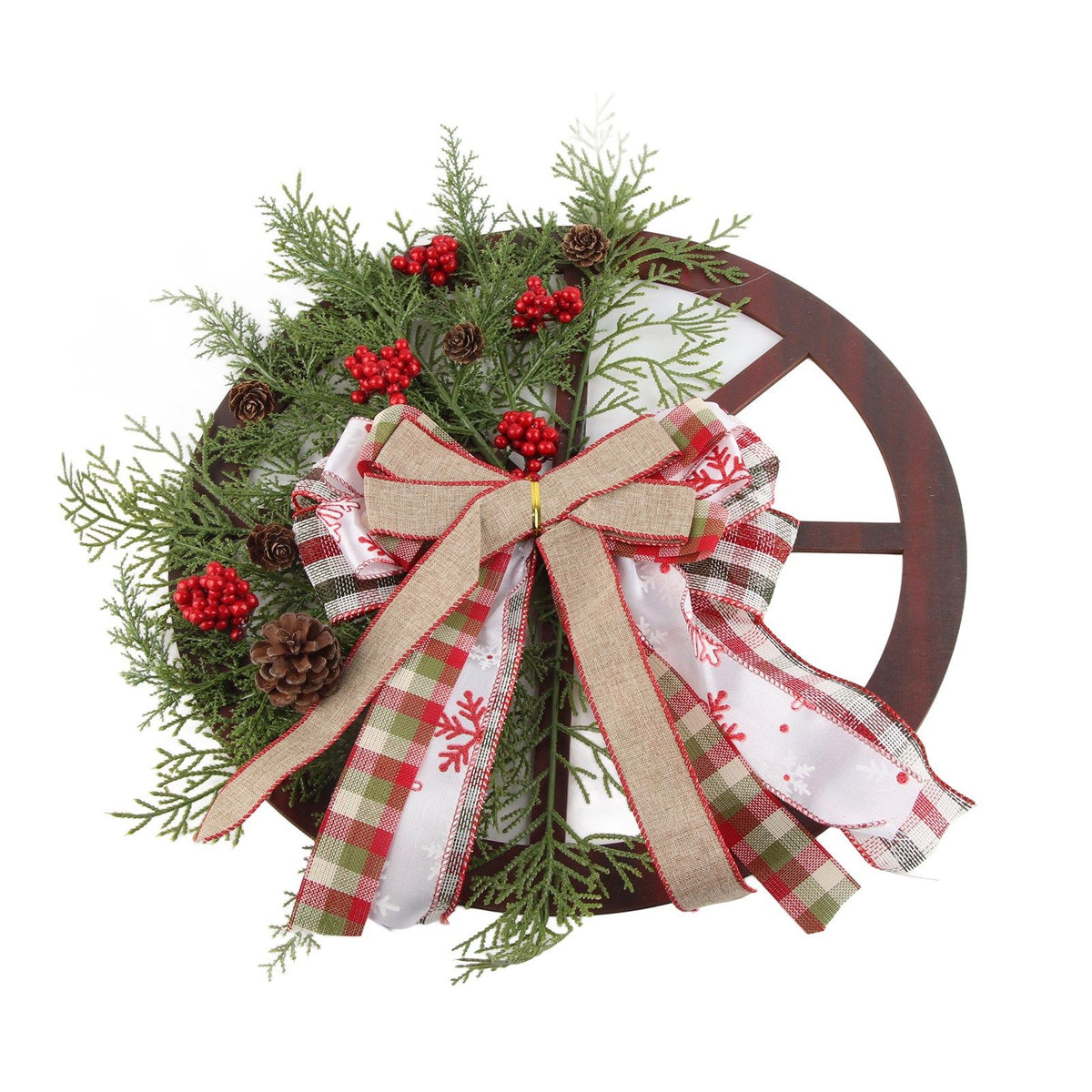 Red Truck Wheel Christmas Bowknot Wreath Fall Wreath for Front Door Wooden Hanging Ornament Wreath for Indoor Outdoor