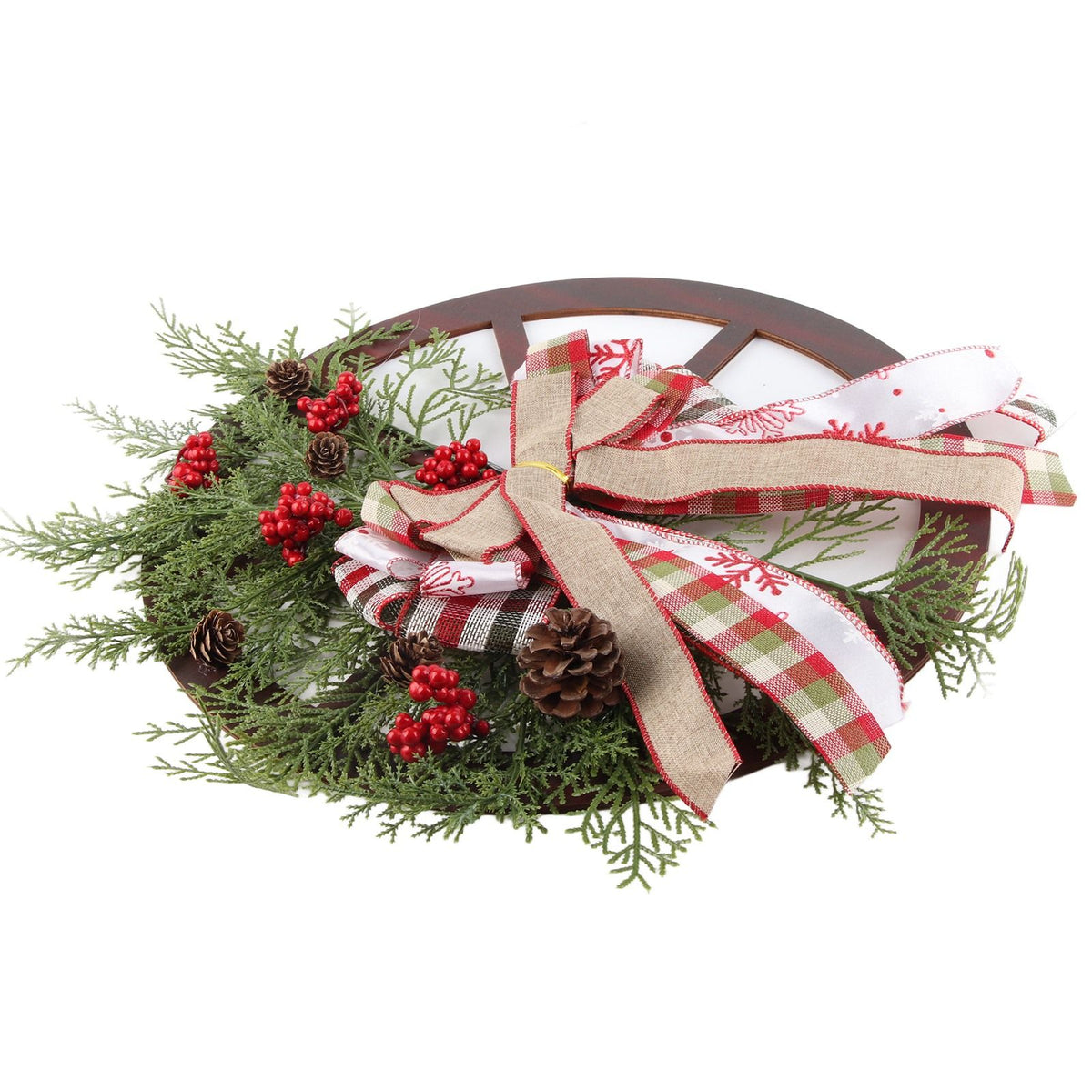 Red Truck Wheel Christmas Bowknot Wreath Fall Wreath for Front Door Wooden Hanging Ornament Wreath for Indoor Outdoor