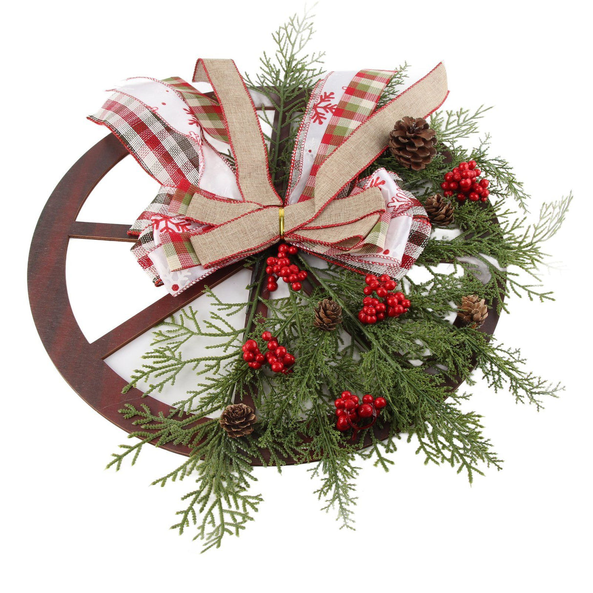 Red Truck Wheel Christmas Bowknot Wreath Fall Wreath for Front Door Wooden Hanging Ornament Wreath for Indoor Outdoor