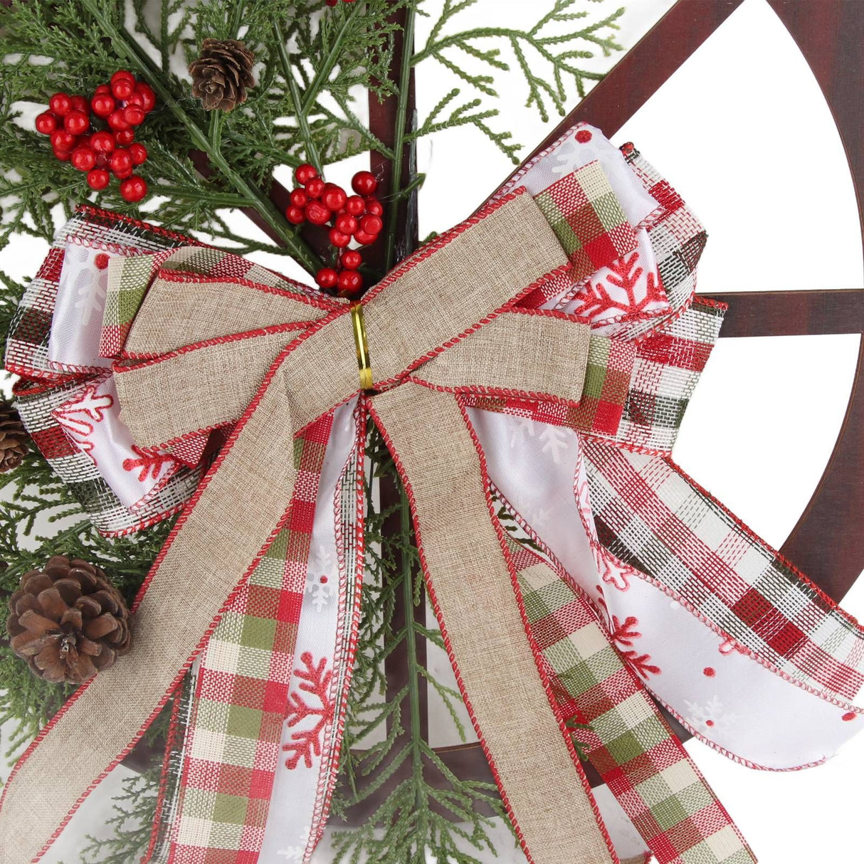 Red Truck Wheel Christmas Bowknot Wreath Fall Wreath for Front Door Wooden Hanging Ornament Wreath for Indoor Outdoor