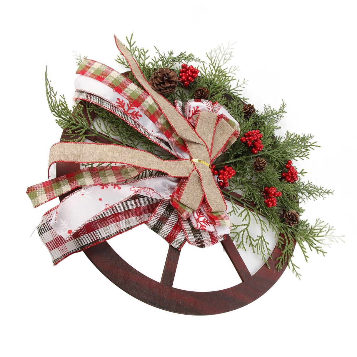Red Truck Wheel Christmas Bowknot Wreath Fall Wreath for Front Door Wooden Hanging Ornament Wreath for Indoor Outdoor