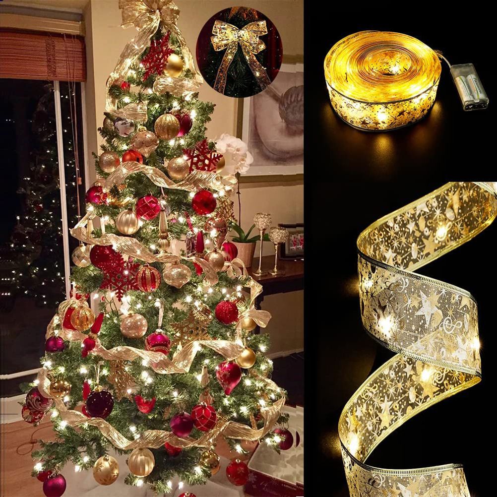 Christmas Ribbon Lights 4Meter 40 LED Lights Copper Wire Ribbon Bows String Lights for Party Weddings Holiday Christmas Tree Decor