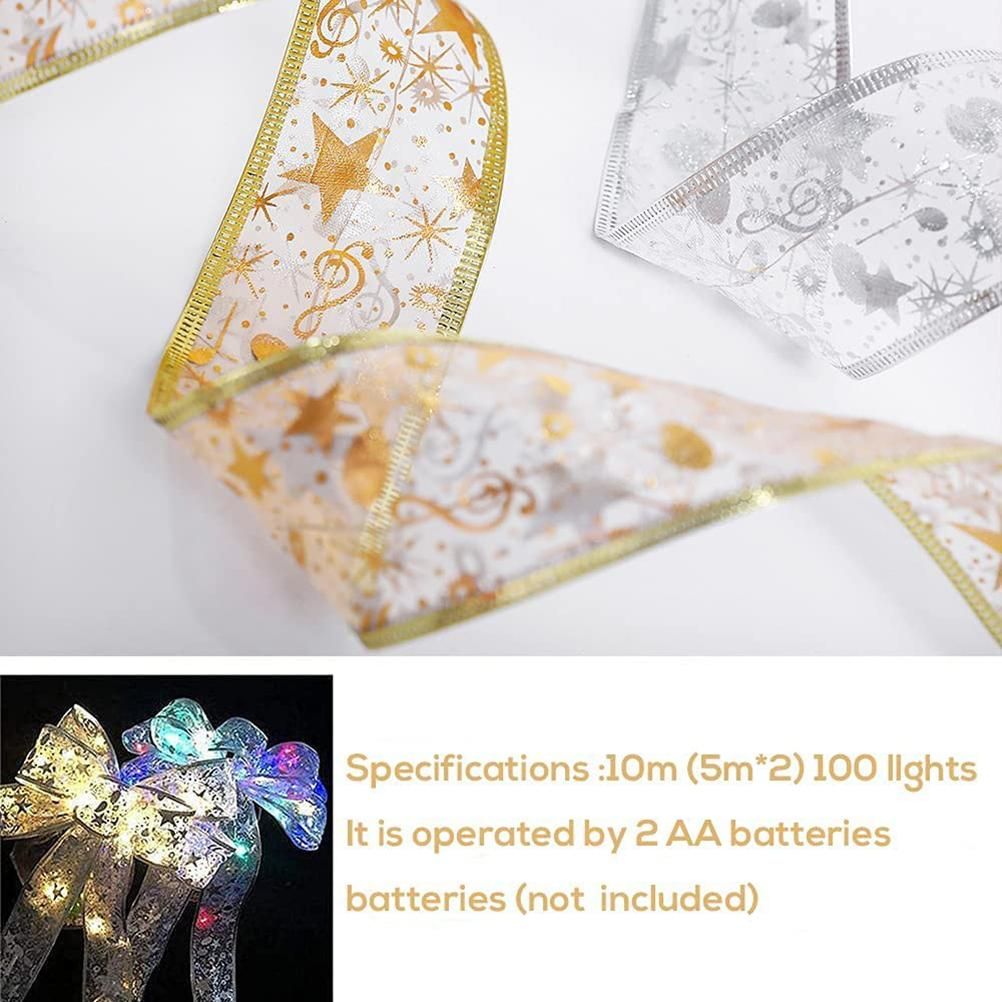 Christmas Ribbon Lights 4Meter 40 LED Lights Copper Wire Ribbon Bows String Lights for Party Weddings Holiday Christmas Tree Decor