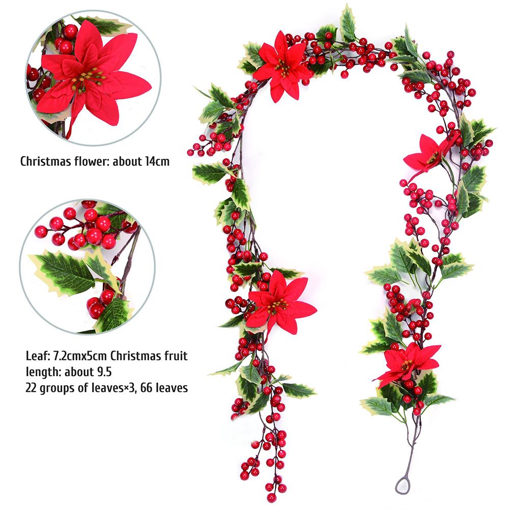 6.5 FT Christmas Holly Berry Garland Winter Artificial Greenery Garland with Red Berries and Holly Leaves for House Fireplace Wall Table Decor