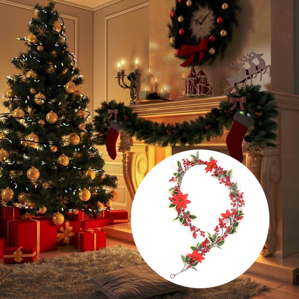 6.5 FT Christmas Holly Berry Garland Winter Artificial Greenery Garland with Red Berries and Holly Leaves for House Fireplace Wall Table Decor