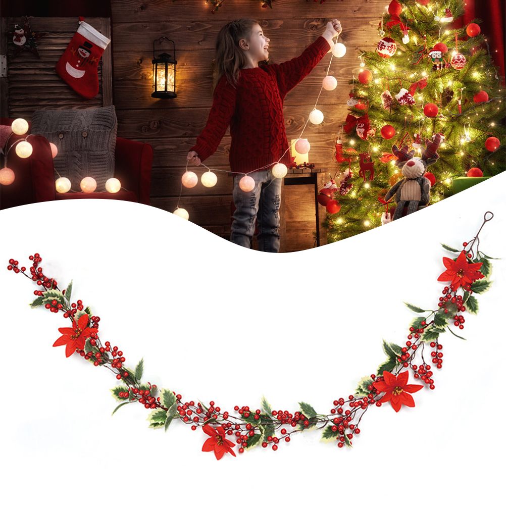 6.5 FT Christmas Holly Berry Garland Winter Artificial Greenery Garland with Red Berries and Holly Leaves for House Fireplace Wall Table Decor