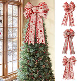 Christmas Double Layer Linen Bow Christmas Bowknot for Xmas Tree Decorations Maple Leaf Striped Snowflake Khaki Bow Decor - Rear View