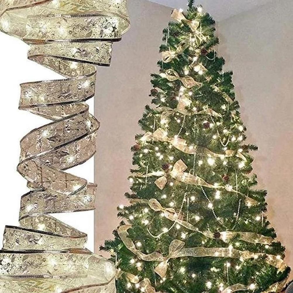 50 LED 5M Christmas Ribbon Bows With LED Fairy Lights Strings Christmas Tree Ornaments New Year Home Decor