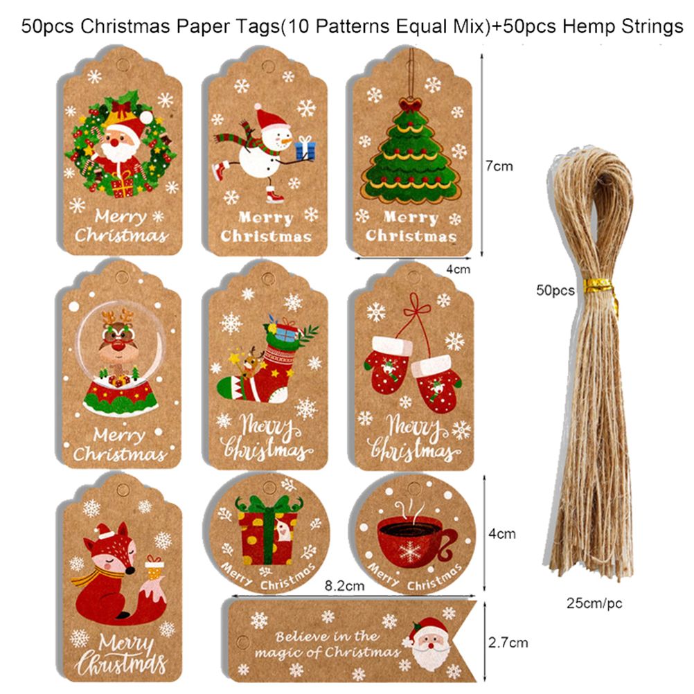 50pcs Christmas Kraft Paper Tags DIY Thank You Multi Style Crafts Hanging Tag with Rope Labels Gift Wrapping Supplies