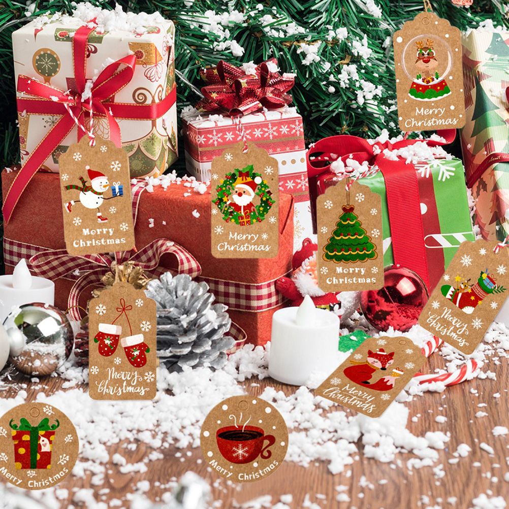 50pcs Christmas Kraft Paper Tags DIY Thank You Multi Style Crafts Hanging Tag with Rope Labels Gift Wrapping Supplies