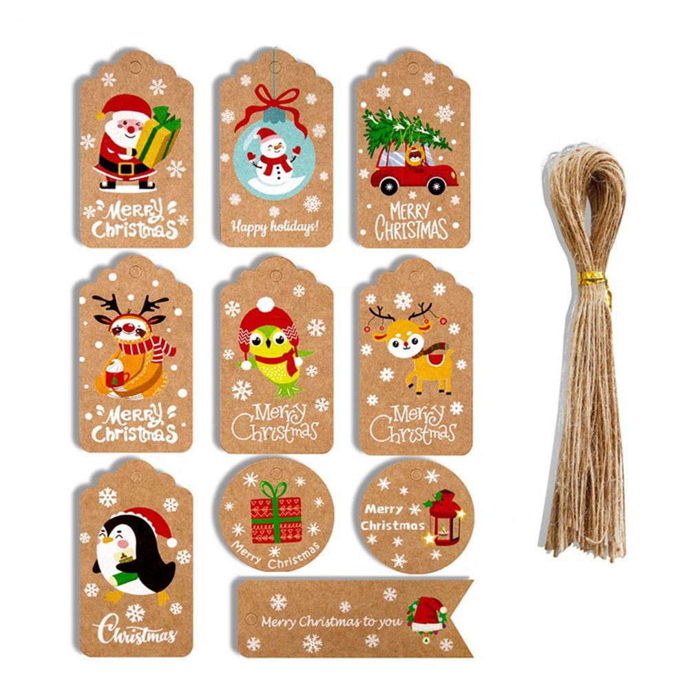50pcs Christmas Kraft Paper Tags DIY Thank You Multi Style Crafts Hanging Tag with Rope Labels Gift Wrapping Supplies