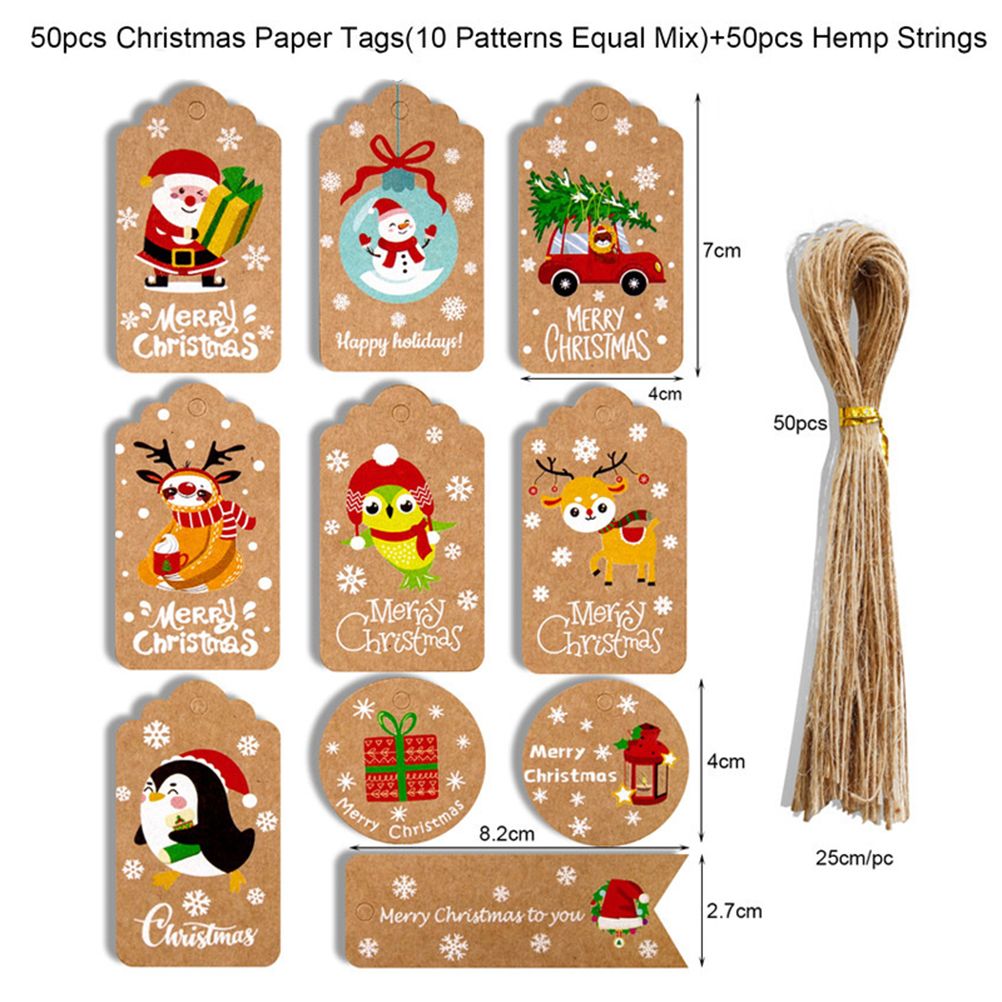 50pcs Christmas Kraft Paper Tags DIY Thank You Multi Style Crafts Hanging Tag with Rope Labels Gift Wrapping Supplies