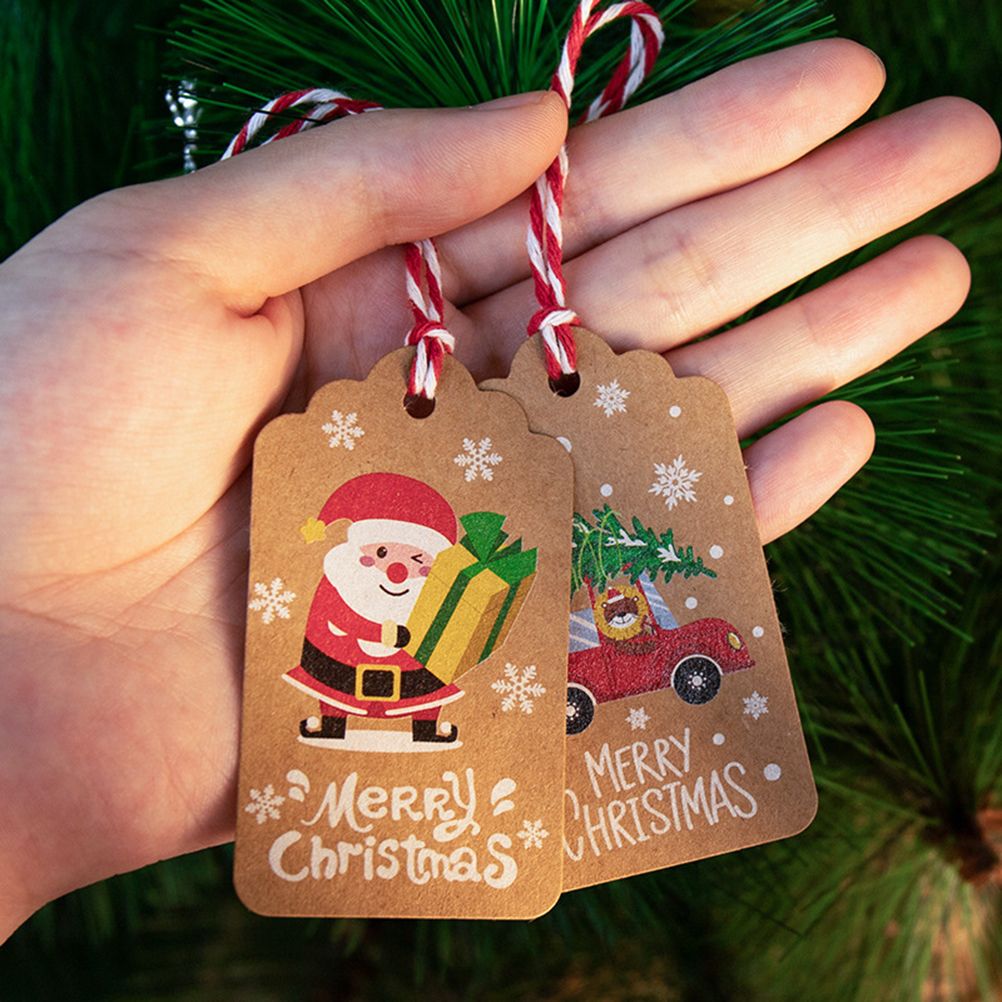 50pcs Christmas Kraft Paper Tags DIY Thank You Multi Style Crafts Hanging Tag with Rope Labels Gift Wrapping Supplies
