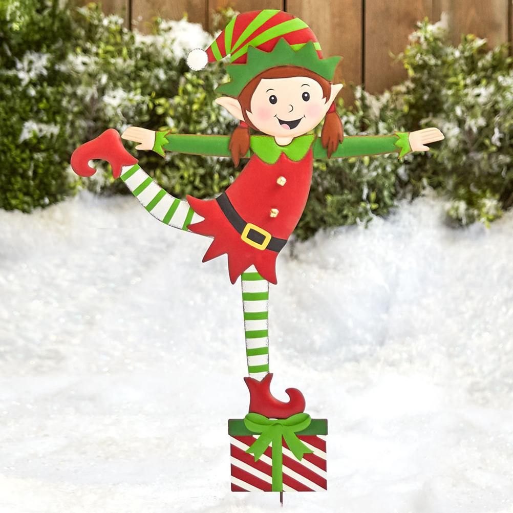Christmas Elf Garden Stake Christmas Metal Gnome Yard Stake Wrought Iron Elf Ornament Yard Signs Decor Outdoor Holiday Decoration