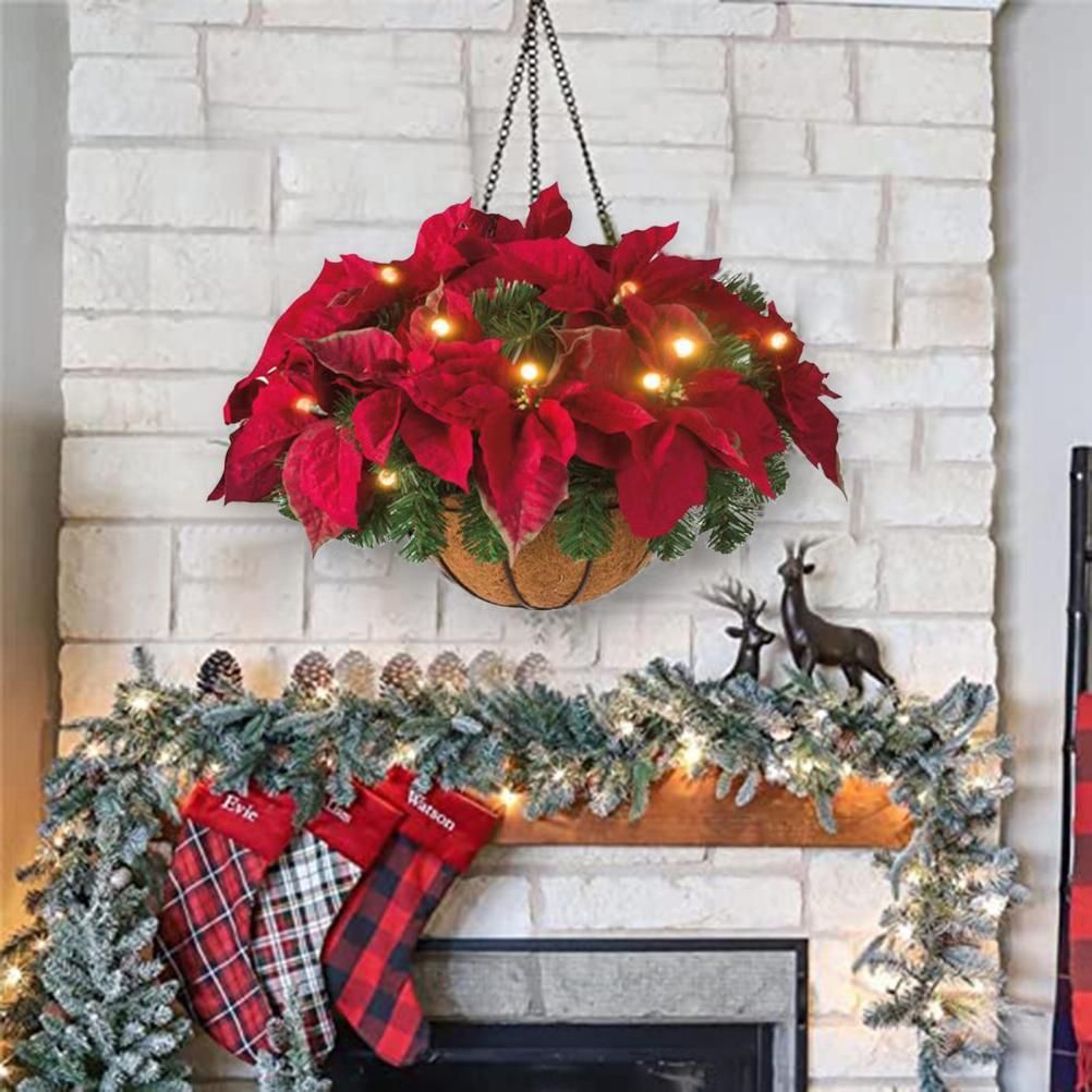 Pre Lit Christmas Hanging Basket Flocked with Mixed Decorations and LED Lights Artificial Frosted Berry Pine Cones for Christmas Outdoor Yard Decor