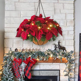 Pre Lit Christmas Hanging Basket Flocked with Mixed Decorations and LED Lights Artificial Frosted Berry Pine Cones for Christmas Outdoor Yard Decor