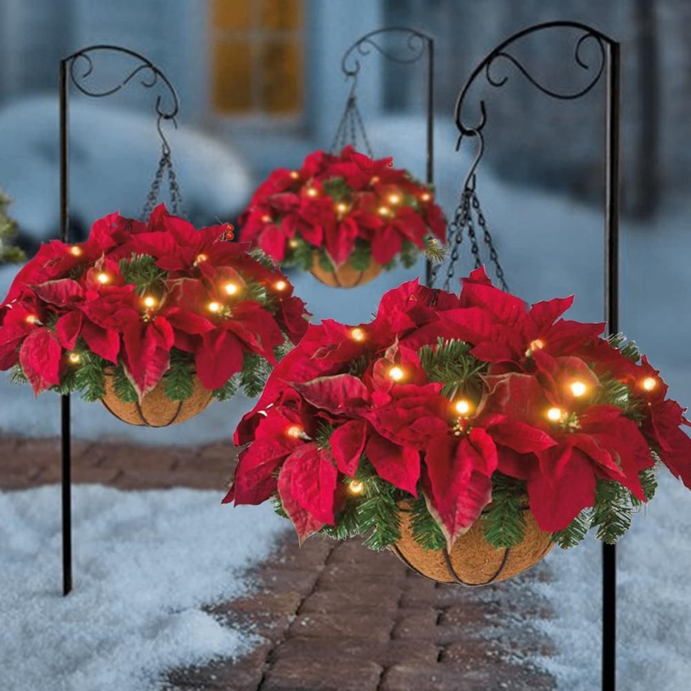 Pre Lit Christmas Hanging Basket Flocked with Mixed Decorations and LED Lights Artificial Frosted Berry Pine Cones for Christmas Outdoor Yard Decor