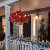 Pre Lit Christmas Hanging Basket Flocked with Mixed Decorations and LED Lights Artificial Frosted Berry Pine Cones for Christmas Outdoor Yard Decor