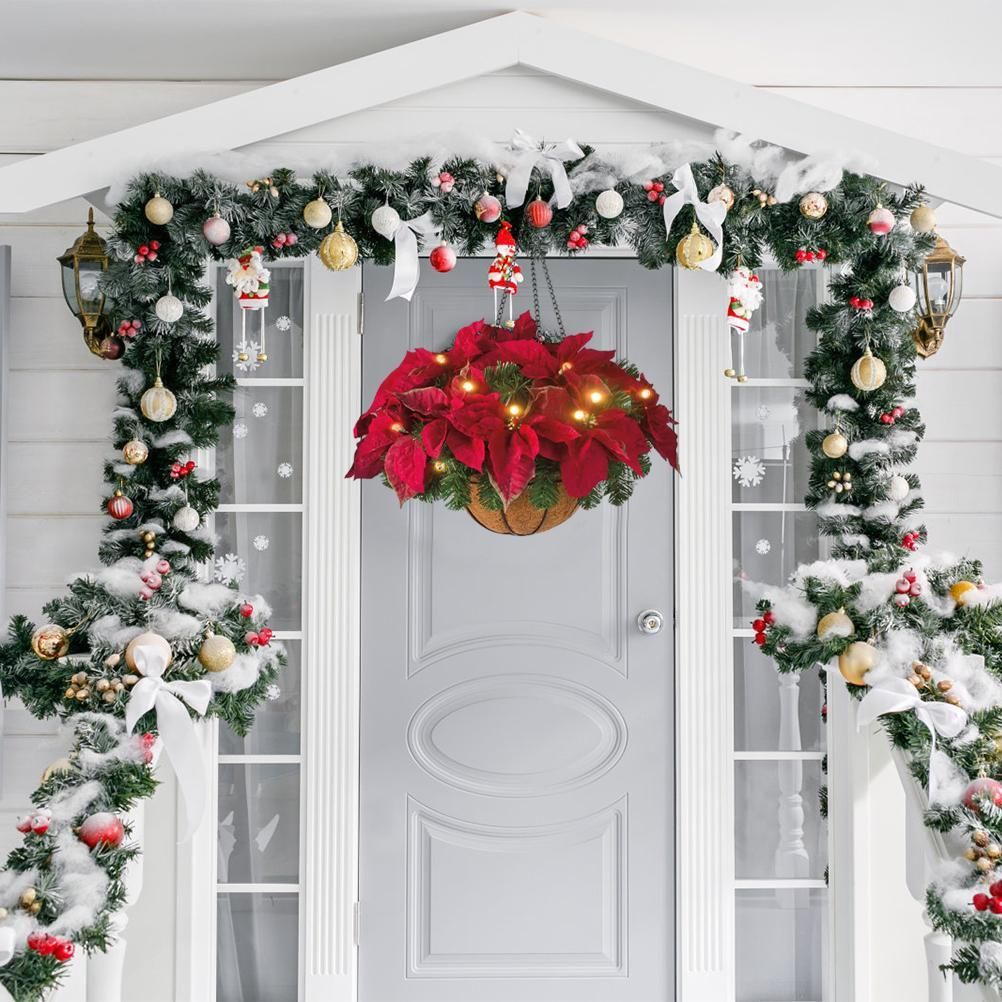 Pre Lit Christmas Hanging Basket Flocked with Mixed Decorations and LED Lights Artificial Frosted Berry Pine Cones for Christmas Outdoor Yard Decor