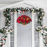 Pre Lit Christmas Hanging Basket Flocked with Mixed Decorations and LED Lights Artificial Frosted Berry Pine Cones for Christmas Outdoor Yard Decor