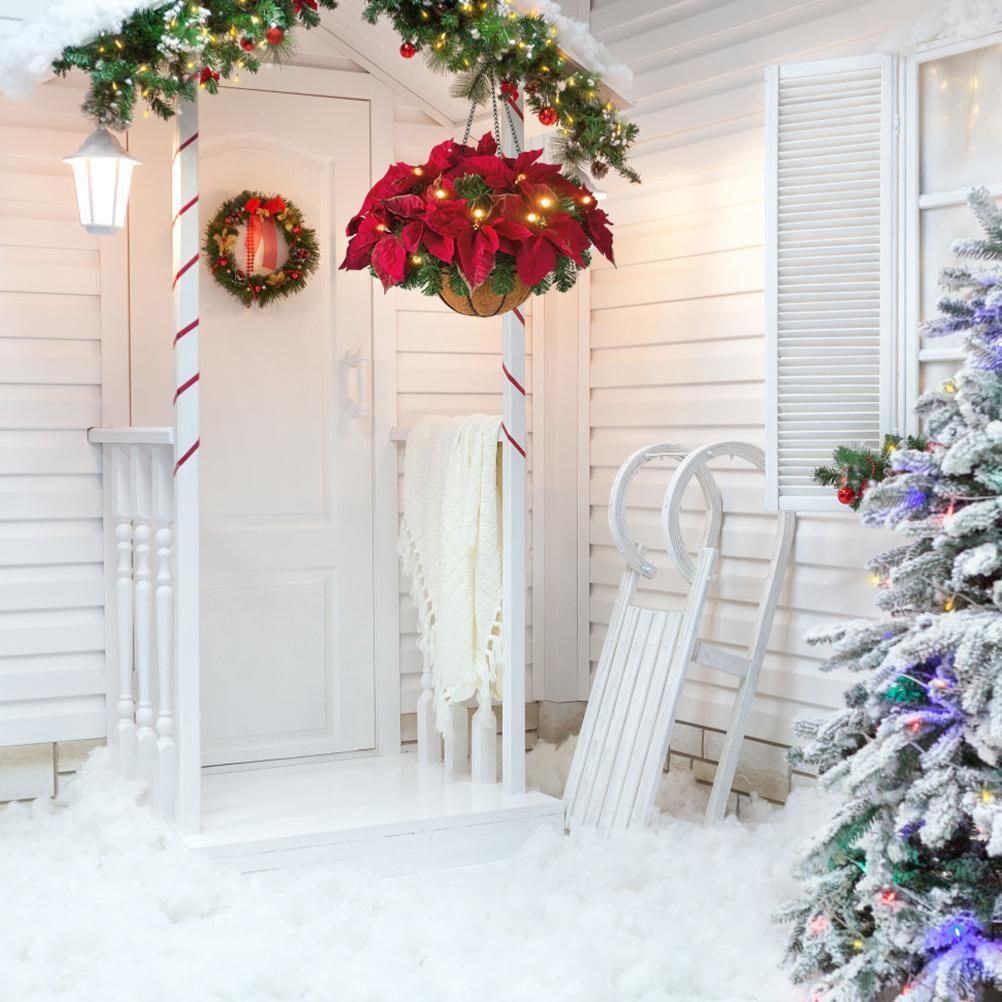 Pre Lit Christmas Hanging Basket Flocked with Mixed Decorations and LED Lights Artificial Frosted Berry Pine Cones for Christmas Outdoor Yard Decor